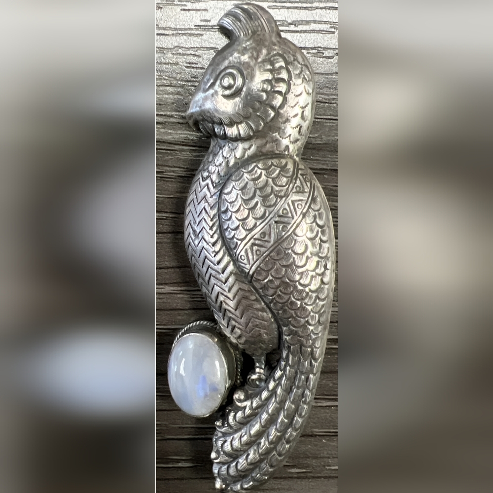 Vintage Sterling Silver Signed PTI OWL Brooch Pin Moonstone